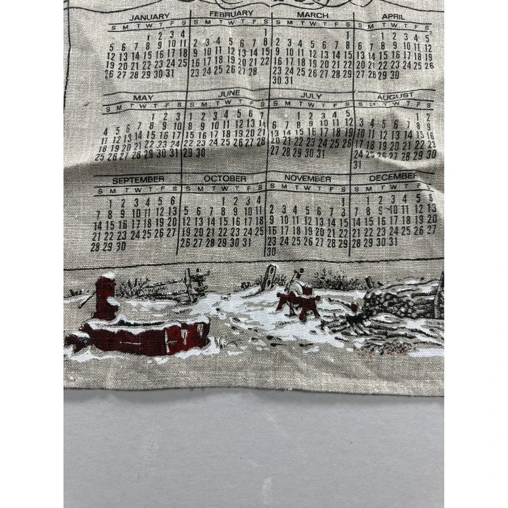 Vintage 1975 Linen Calendar Tea Towel Red Barn Winter Scene Farmhouse Decor